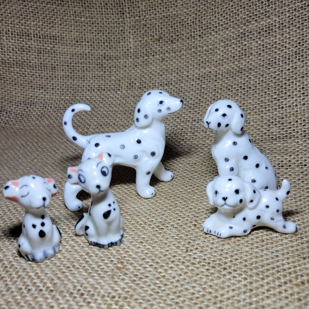 2 Sets of Vintage Bone China Miniature White Dogs With Black Spots